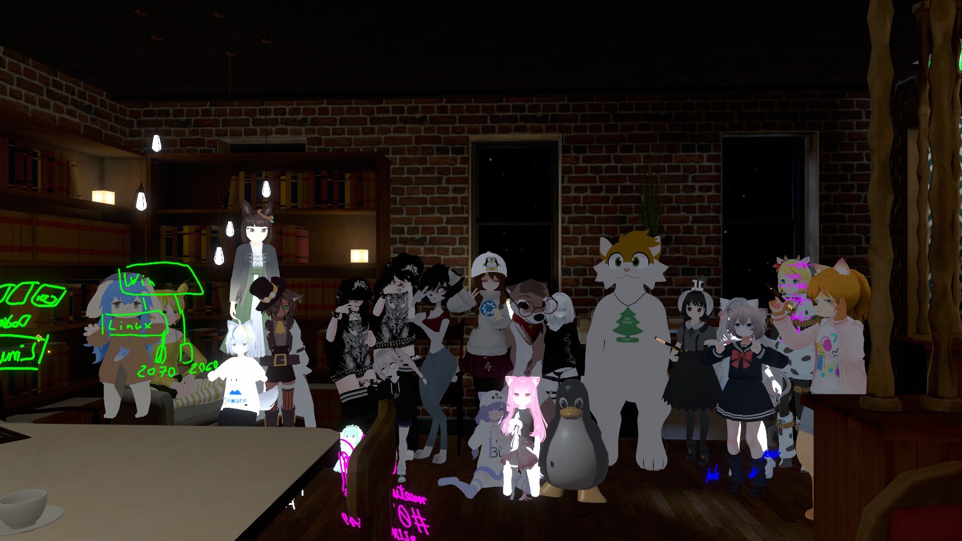 A group of diverse anime-style avatars and a penguin avatar gathered in a dimly lit, cozy bar room with brick walls and bookshelves. Several hanging light fixtures illuminate the scene. Some avatars have animal features like ears and tails. On the left side of the image, there are green glowing markings midair, including the word Linux. A white cup is visible on a table in the foreground on the left.