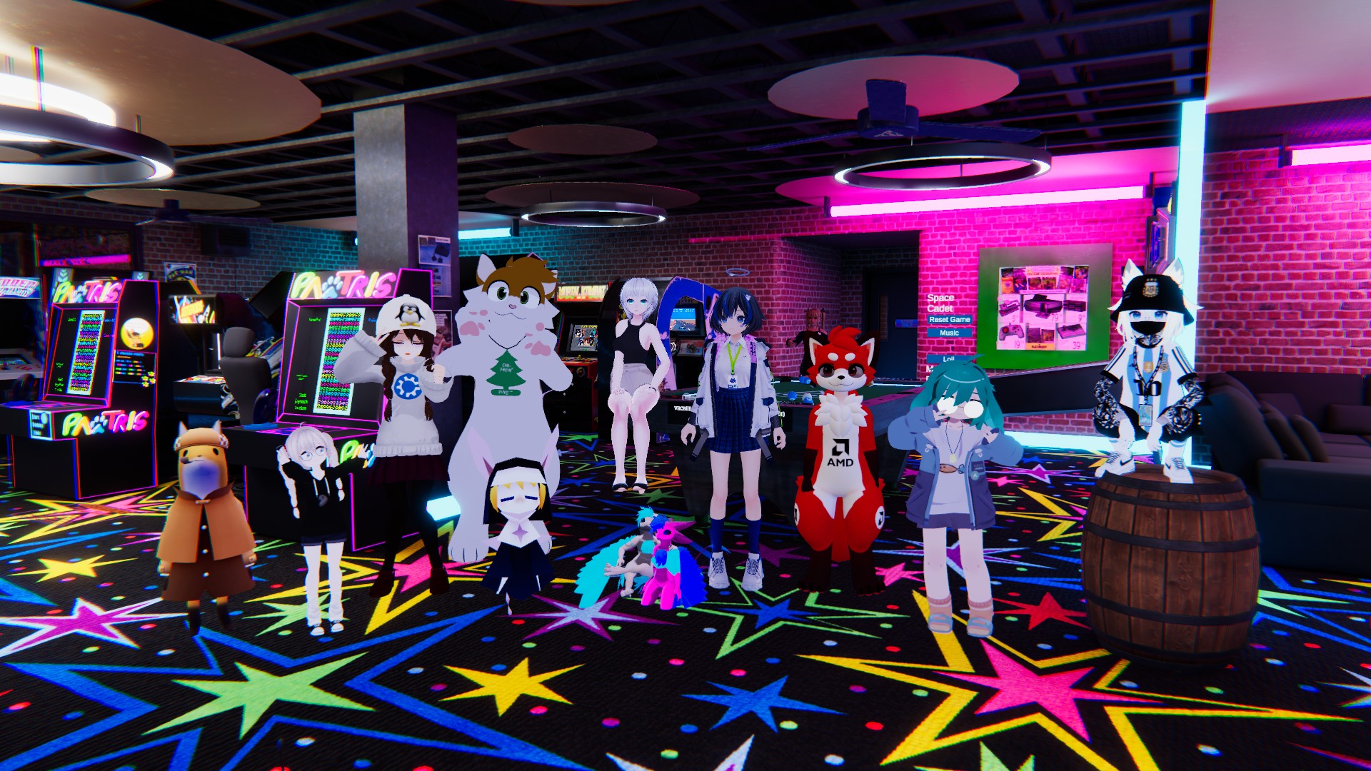 This VRChat screenshot shows a vibrant, neon-lit arcade room with a black starry floor, brick walls, and glowing arcade machines (including Tetris and Pac-Man cabinets). A diverse group of about 15 anime-inspired avatars stands scattered around, including: Kemonomimi (animal-eared) characters like brown fox; Anime girls in various outfits: white-haired with black dress, blue-haired in school uniform, cyan-haired with glasses, black-and-white dressed with hat and mask; Other unique avatars: orange fox-like, white rabbit-eared, small pink winged creature on floor, nun-hatted blonde, and more. Props include a wooden barrel, couches, and wall art like a Space Cadet poster. The atmosphere is lively with pink, blue, and purple neon lighting.