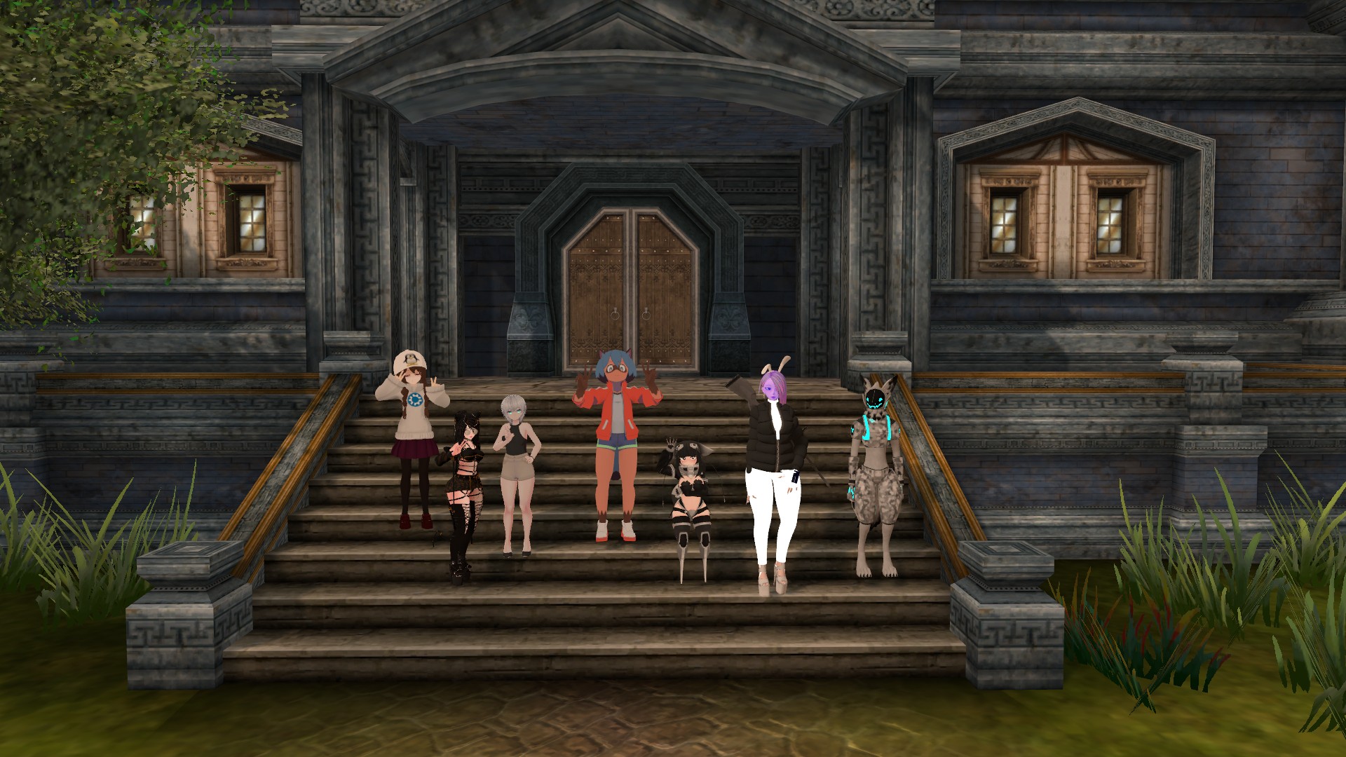 The image shows seven anime-style avatars standing on the stone steps leading up to a large, imposing building with a grand entrance and ornate detailing. From left to right, the avatars include: An avatar with light brown hair, a white hooded sweatshirt with a Kubuntu logo design, and a dark skirt; An avatar with black hair, wearing a black top with cutouts, black shorts, and thigh-high black boots; An avatar with short white hair, a grey tank top, and light grey shorts; An avatar with short blue hair, a red jacket, a light blue top, and light blue shorts; A small, black-haired avatar with cat ears, wearing a black and white outfit with arm and leg coverings; An avatar with purple skin and long bunny ears, wearing a black puffer jacket, a white shirt, and white pants; A furry, light-colored avatar with a robotic-looking head featuring blue accents, wearing what appears to be a light-colored, patterned suit with blue accents. The building behind them is dark grey with intricate patterns carved into its facade. There are two windows on either side of the main entrance, which consists of large, double wooden doors. Green foliage is visible on the left side of the image and in the foreground on the right.