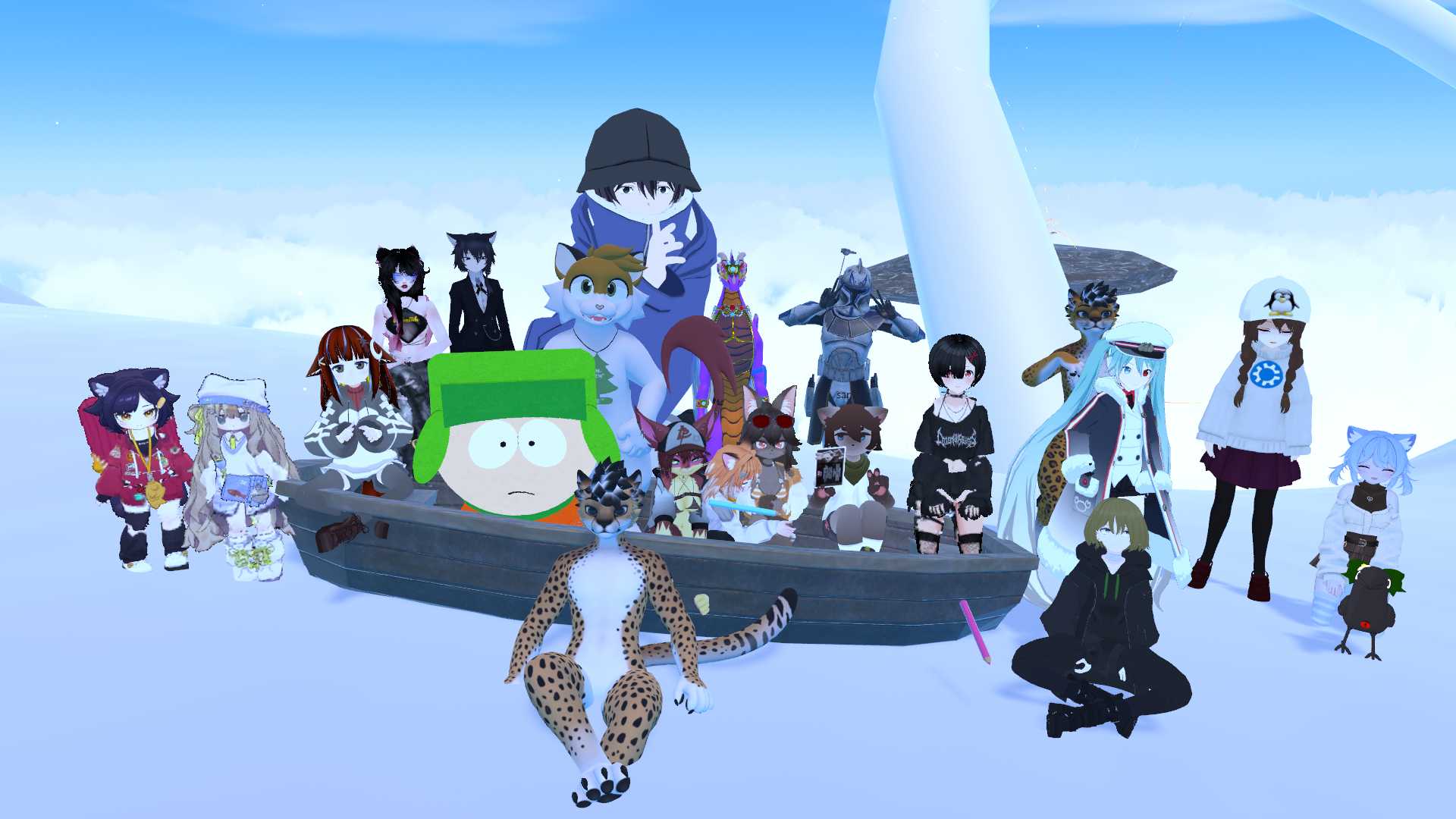 gathering of avatars on a snowy floating island in VRChat.